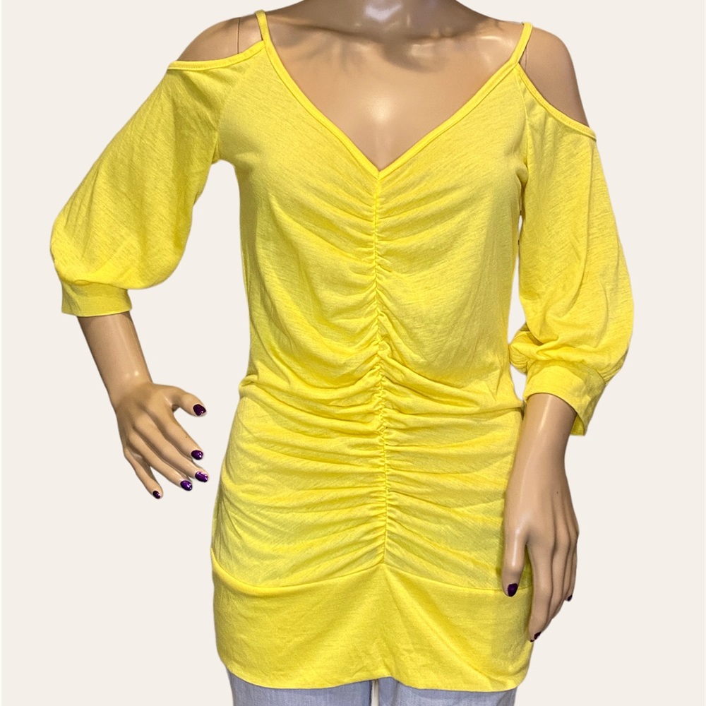 Frederick's of Hollywood Cold Shoulder Half-Sleeved Ruched Top Shirt Large EUC